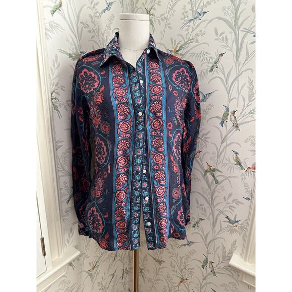 Lucky Brand 100% Silk Boho Long Sleeve Button Down Blouse Floral Geometric S - Picture 1 of 6